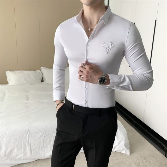 GbolsosSolid Simple Mens Casual Shirt Slim Fit Business Formal Wear Deer Head Embroidery Shirt Men Brand New 2021 Long Sleeve Men Shirt