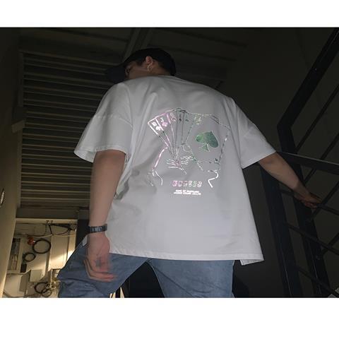 Cool Black Reflective T Shirt Streetwear Men Oversized T-Shirt Japan Harajuku Ppoker Tshirt Summer High Street Half Sleeve Tops