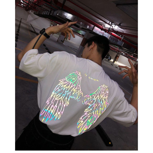 Cool Black Reflective T Shirt Streetwear Men Oversized T-Shirt Japan Harajuku Ppoker Tshirt Summer High Street Half Sleeve Tops
