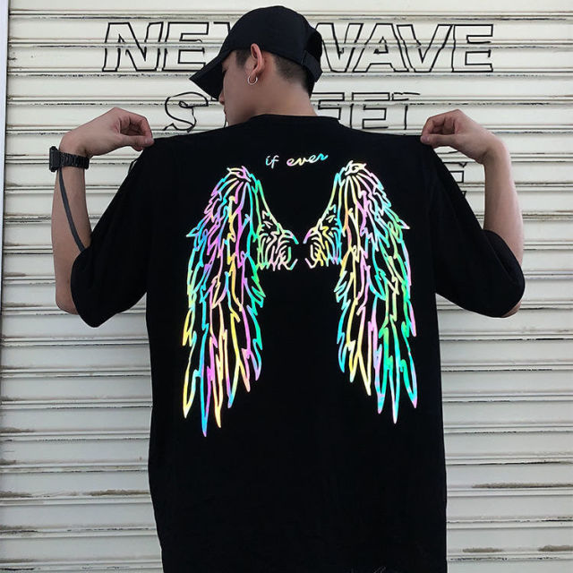 Cool Black Reflective T Shirt Streetwear Men Oversized T-Shirt Japan Harajuku Ppoker Tshirt Summer High Street Half Sleeve Tops