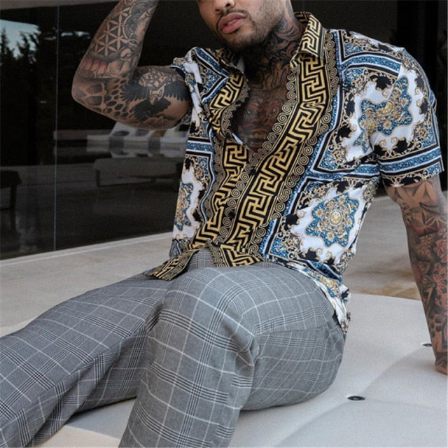 GbolsosMen's Short-Sleeve Clothing Printe Shirt 2021 Summer Fashion Floral Print Men's brand Casual Cardigan Shirt Lapel Short Slee