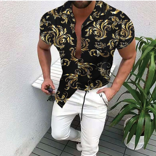 GbolsosMen's Short-Sleeve Clothing Printe Shirt 2021 Summer Fashion Floral Print Men's brand Casual Cardigan Shirt Lapel Short Slee
