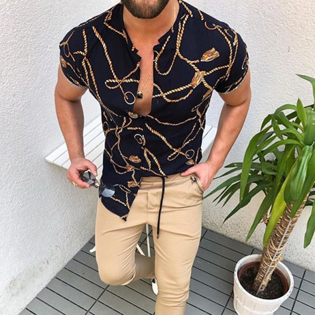 GbolsosMen's Short-Sleeve Clothing Printe Shirt 2021 Summer Fashion Floral Print Men's brand Casual Cardigan Shirt Lapel Short Slee