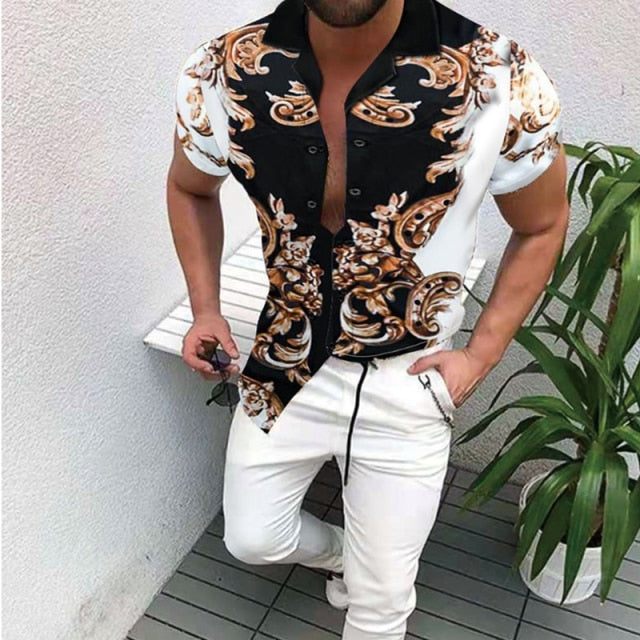 GbolsosMen's Short-Sleeve Clothing Printe Shirt 2021 Summer Fashion Floral Print Men's brand Casual Cardigan Shirt Lapel Short Slee