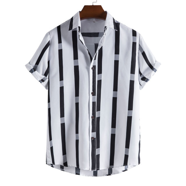 GbolsosNew short-sleeved casual shirt men's printed striped beach top 2021 summer men's short-sleeved shirt European size US size XS-XL