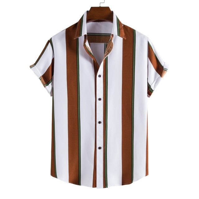 GbolsosNew short-sleeved casual shirt men's printed striped beach top 2021 summer men's short-sleeved shirt European size US size XS-XL