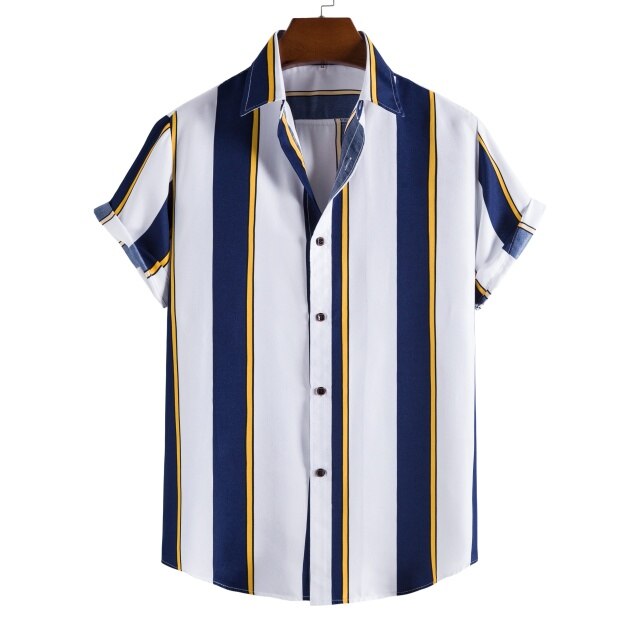 GbolsosNew short-sleeved casual shirt men's printed striped beach top 2021 summer men's short-sleeved shirt European size US size XS-XL