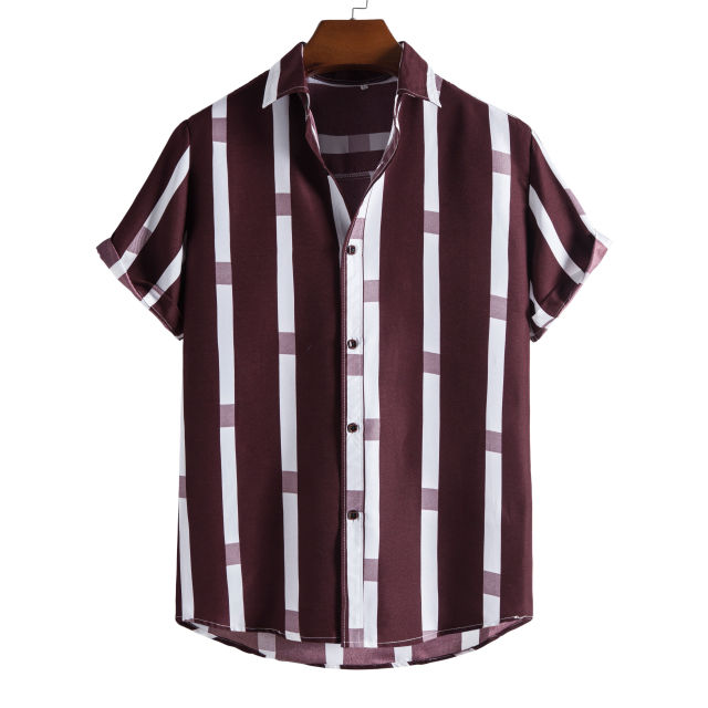 GbolsosNew short-sleeved casual shirt men's printed striped beach top 2021 summer men's short-sleeved shirt European size US size XS-XL