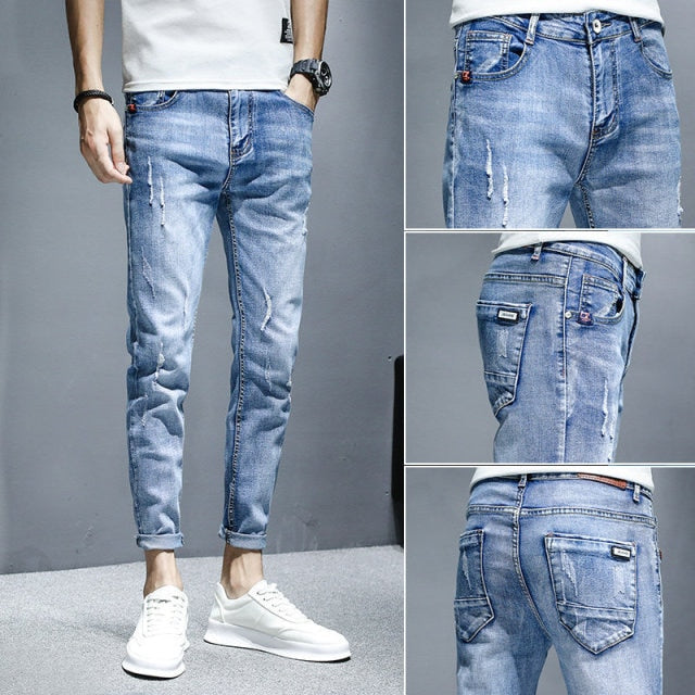 Gbolsos2021 teenagers Denim Jeans men's Korean feet brand stretch men's trousers summer thin casual ripped ankle length pants