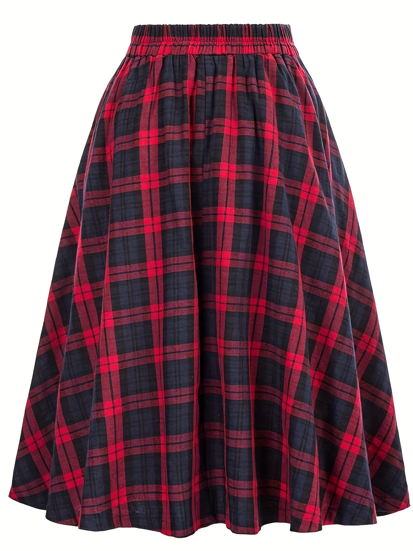 gbolsos  Plus Size Grunge Skirt, Women's Plus Plaid Print Button Decor Elastic Ruffle Skirt