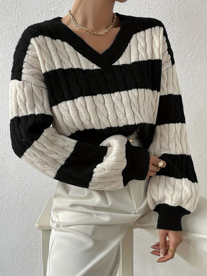 gbolsos  Color Block Drop Shoulder Sweater, Casual Long Sleeve Sweater For Fall & Winter, Women's Clothing