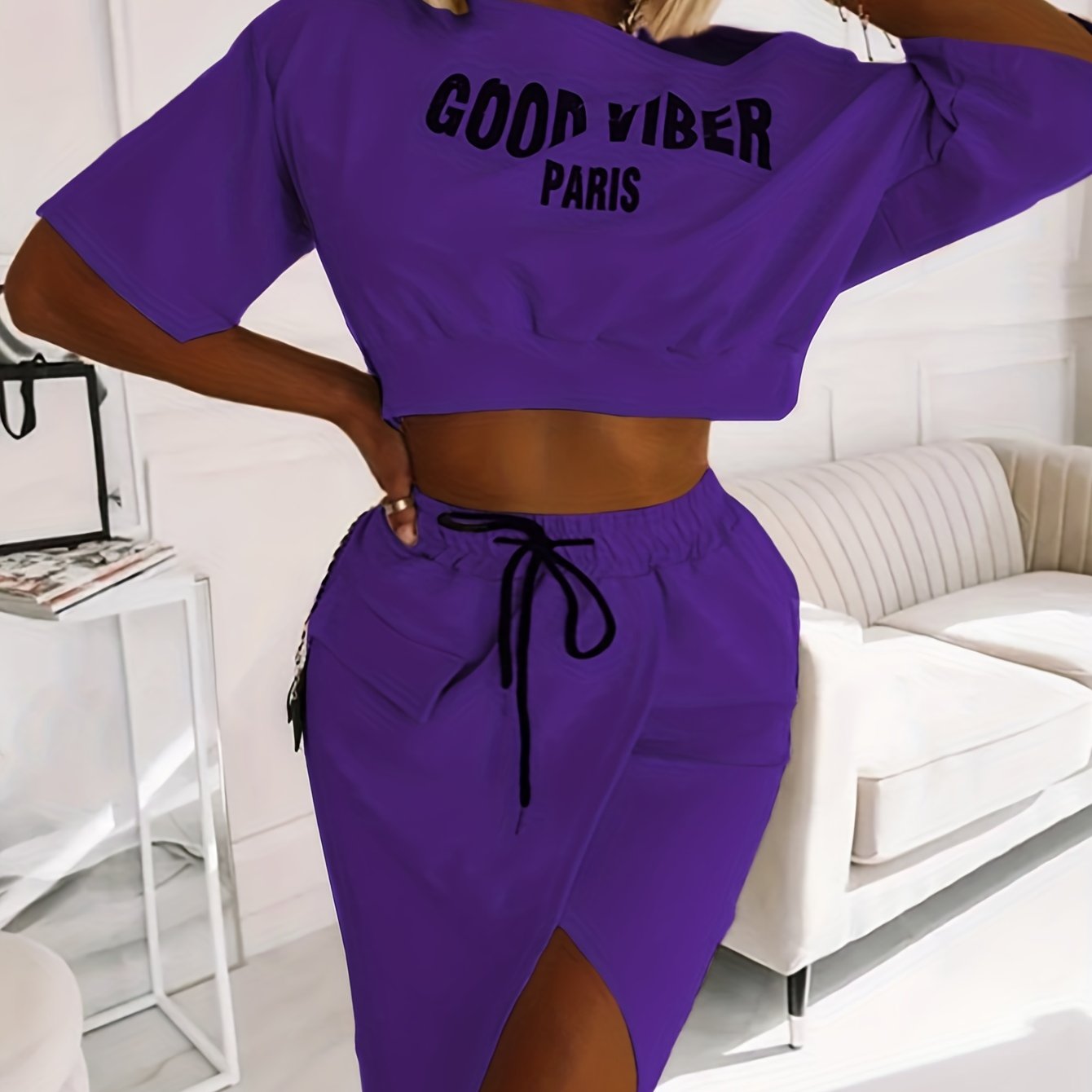 2025 elveswallet  Plus Size Casual Outfits Two Piece Set, Women's Plus Letter Print One Shoulder Short Sleeve Top & Drawstring Split Hem Knee Length Skirt Outfits 2 Piece Set