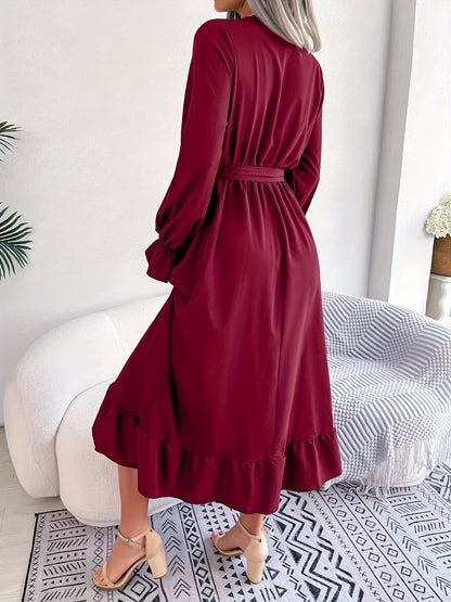 gbolsos  Guipure Lace Ruched Dress, Casual V Neck Long Sleeve Ruffle Hem Dress, Women's Clothing