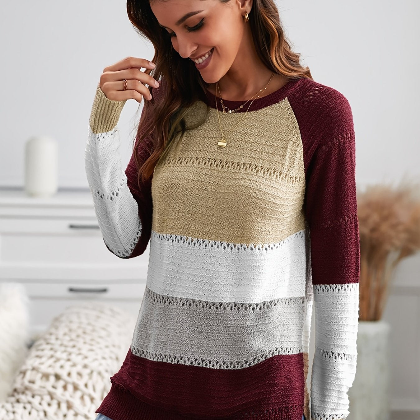 2025 gbolsos  Women's Casual Crew Neck Color Block Sweater, Long Sleeve Fall Winter Sweater, Women's Clothing
