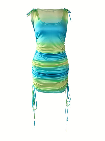 2025 elveswallet  Color Block Side Drawstring Dress, Sexy Ruched Sleeveless Tank Dress, Women's Clothing
