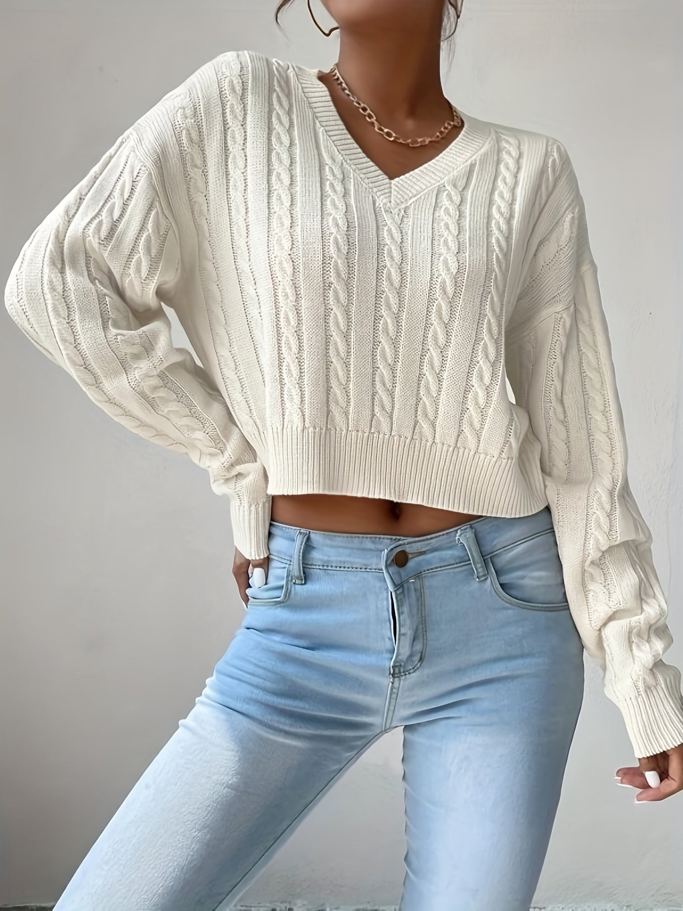 2025 gbolsos  Solid V-neck Cable Knit Sweater, Versatile Simple Long Sleeve Crop Knitted Top, Women's Clothing