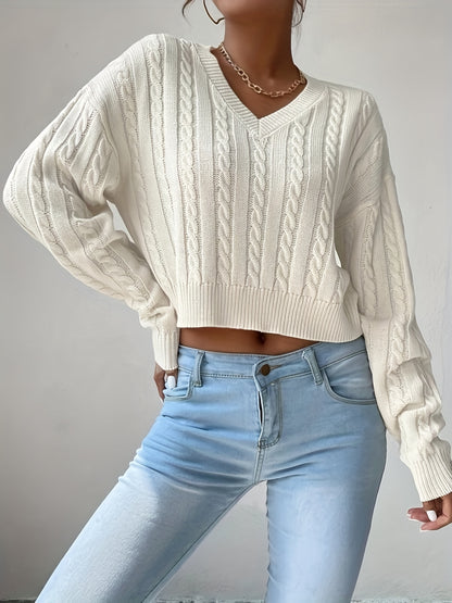 2025 gbolsos  Solid V-neck Cable Knit Sweater, Versatile Simple Long Sleeve Crop Knitted Top, Women's Clothing
