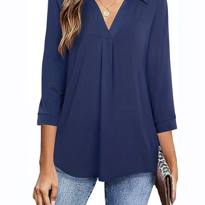 gbolsos  Plus Size Casual Blouse, Women's Plus Solid Half Sleeve Turn Down Collar Tunic Top