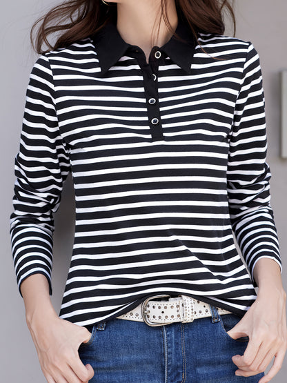 gbolsos  Striped Print Button Front T-Shirt, Casual Long Sleeve T-Shirt For Spring & Fall, Women's Clothing