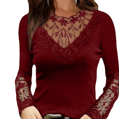 Contrast Lace T-shirt, Elegant Crew Neck Long Sleeve T-Shirt For Spring & Fall, Women's Clothing