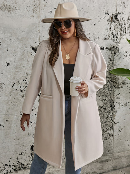 Plus Size Elegant Coat, Women's Plus Solid Long Sleeve Lapel Collar Longline Woolen Coat With Pockets