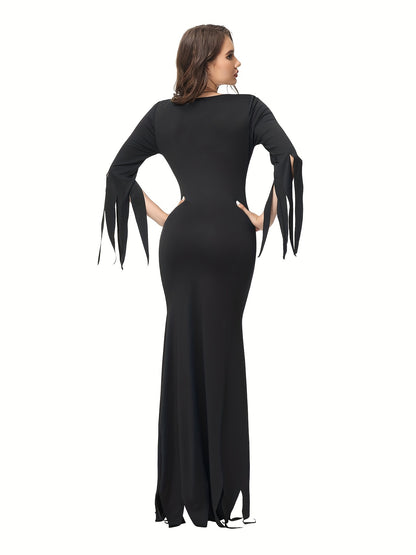 Halloween Style V-neck Split Dress, Elegant Bodycon Slim Maxi Length Dress, Halloween Witch Costume, Women's Clothing
