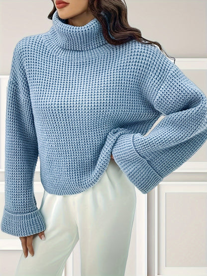 gbolsos  Solid Turtle Neck Pullover Sweater, Elegant Long Sleeve Loose Sweater For Fall & Winter, Women's Clothing