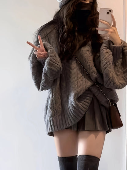 gbolsos  Solid Chunky Cable Knit Pullover Sweater, Vintage Long Sleeve Thick Oversized Sweater, Women's Clothing