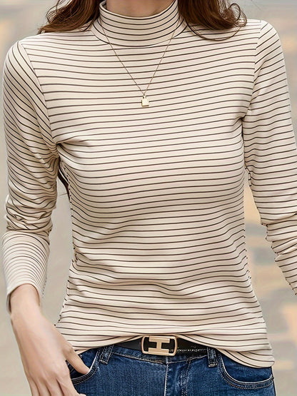 gbolsos  Striped Mock Neck T-shirt, Casual Long Sleeve Top For Spring & Fall, Women's Clothing