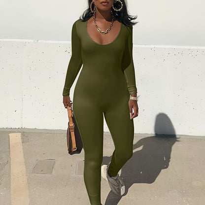 Solid Crew Neck Long Sleeve Bodycon Jumpsuit, Sports Yoga Skinny Long Length Seamless Jumpsuit, Women's Clothing