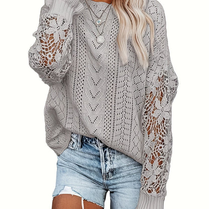 gbolsos  Contrast Lace Eyelet Knit Sweater, Casual Crew Neck Long Sleeve Sweater, Women's Clothing
