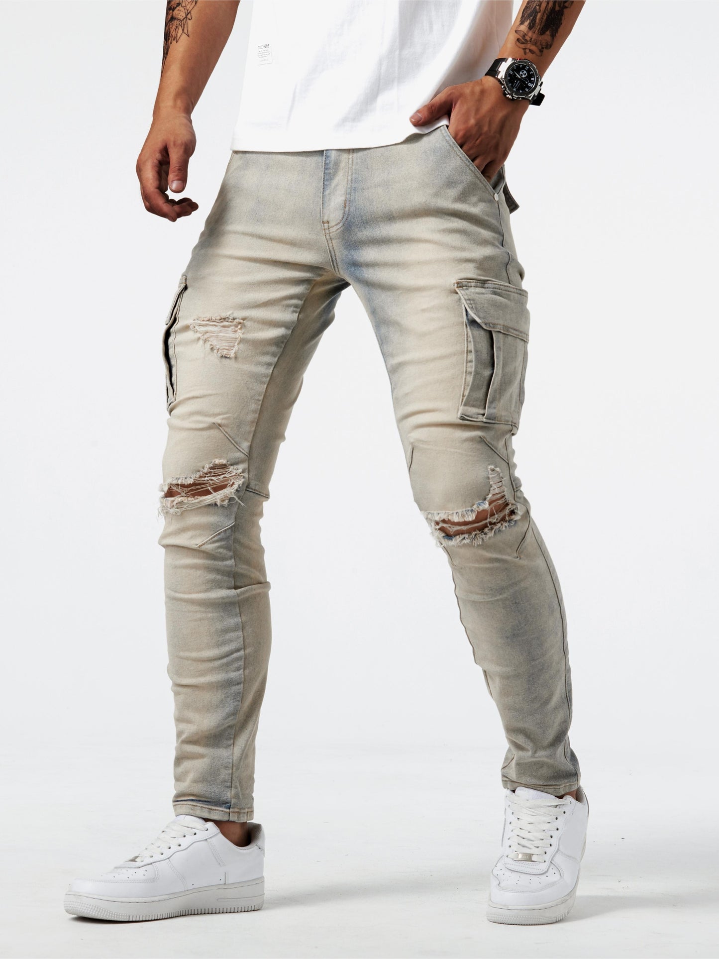 gbolsos  Men's Casual Multi Pocket Jeans, Street Style Medium Stretch Denim Pants