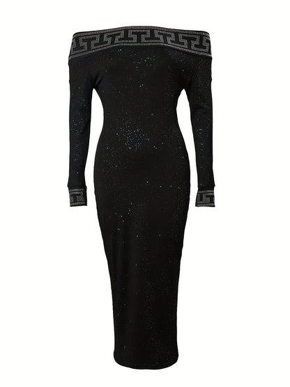 gbolsos  Rhinestoned Off Shoulder Bodycon Dress, Elegant Long Sleeve Slim Dress For Party & Banquet, Women's Clothing