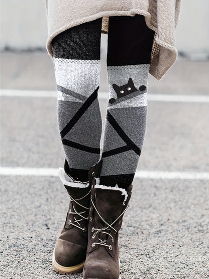 gbolsosCat & Stripe Print Skinny Leggings, Casual Every Day Stretchy Leggings, Women's Clothing