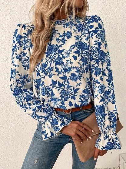 gbolsos  Floral Print Keyhole Blouse, Casual High Neck Ruffle Long Sleeve Blouse, Women's Clothing