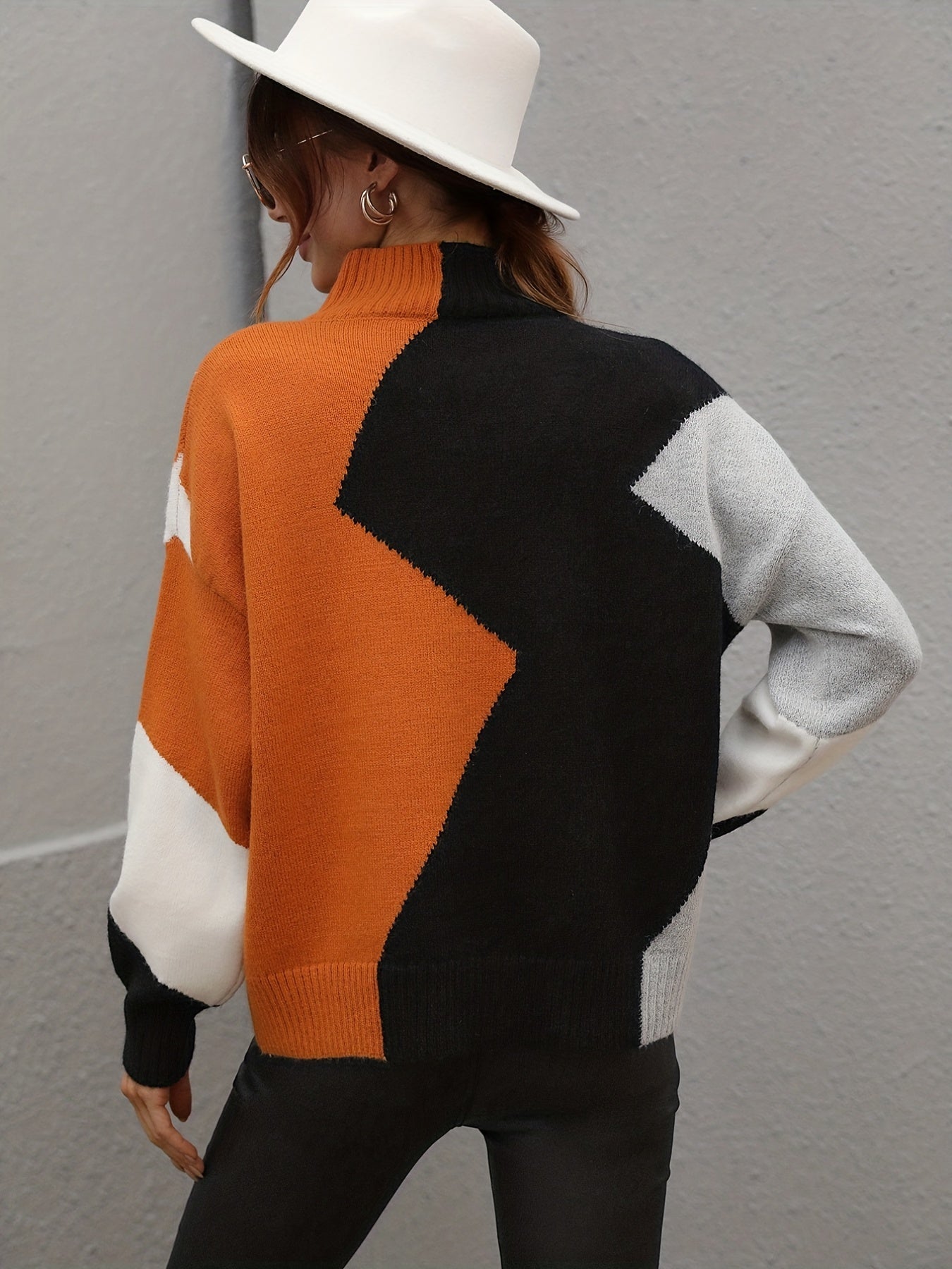 gbolsos  Color Block Turtle Neck Sweater, Casual Long Sleeve Sweater For Fall & Winter, Women's Clothing