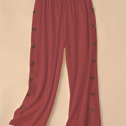 gbolsos  Side Button Wide Leg Pants, Boho Casual Pants For Spring & Summer, Women's Clothing