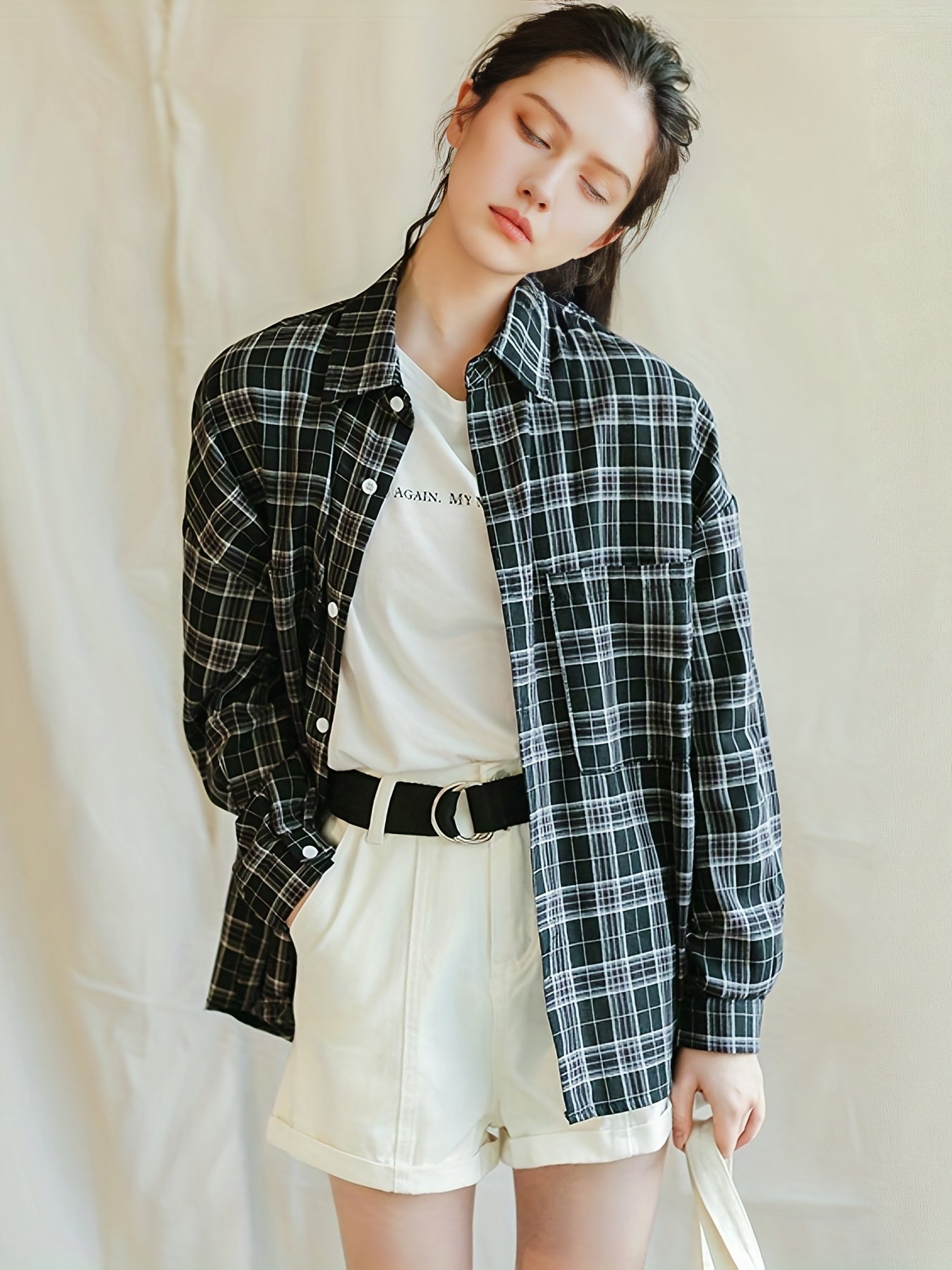 gbolsos  Plaid Drop Shoulder Shirt, Casual Patched Pocket Loose Shirt For Spring & Fall, Women's Clothing