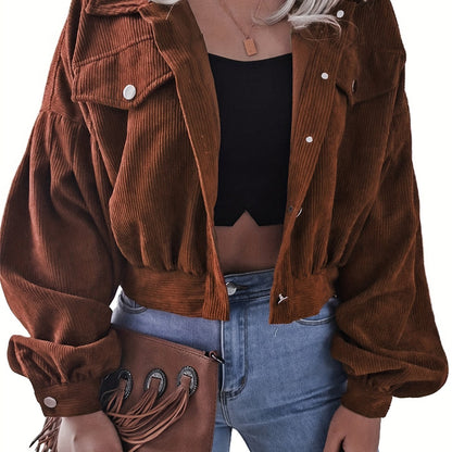 gbolsos  Lapel Corduroy Jacket, Casual Crop Lantern Long Sleeve Jacket For Fall & Winter, Women's Clothing