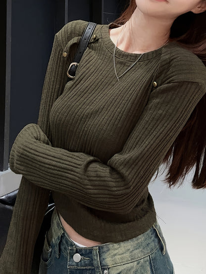 gbolsos Solid Crew Neck Rib Knit Top, Casual Long Sleeve Slim Crop Sweater For Spring & Fall, Women's Clothing