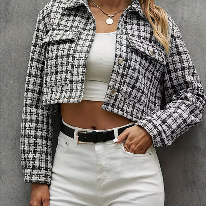 gbolsos  Plaid Pattern Cropped Jacket, Casual Button Front Long Sleeve Outerwear, Women's Clothing