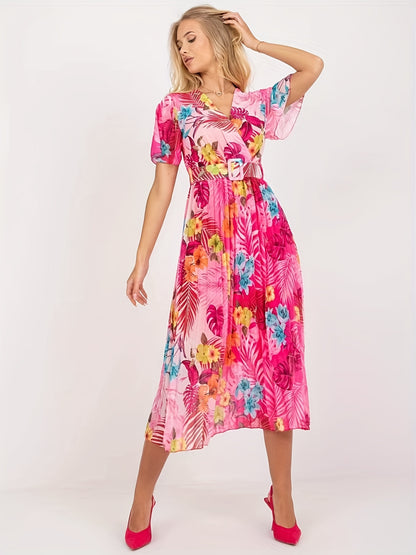 gbolsos  Floral Print Pleat Dress With Belt, Boho Surplice Neck Short Sleeve Dress For Spring & Summer, Women's Clothing