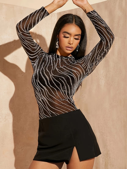 gbolsos  Zebra Print Crew Neck T-Shirt, Elegant Long Sleeve Knitted T-Shirt For Every Day, Women's Clothing