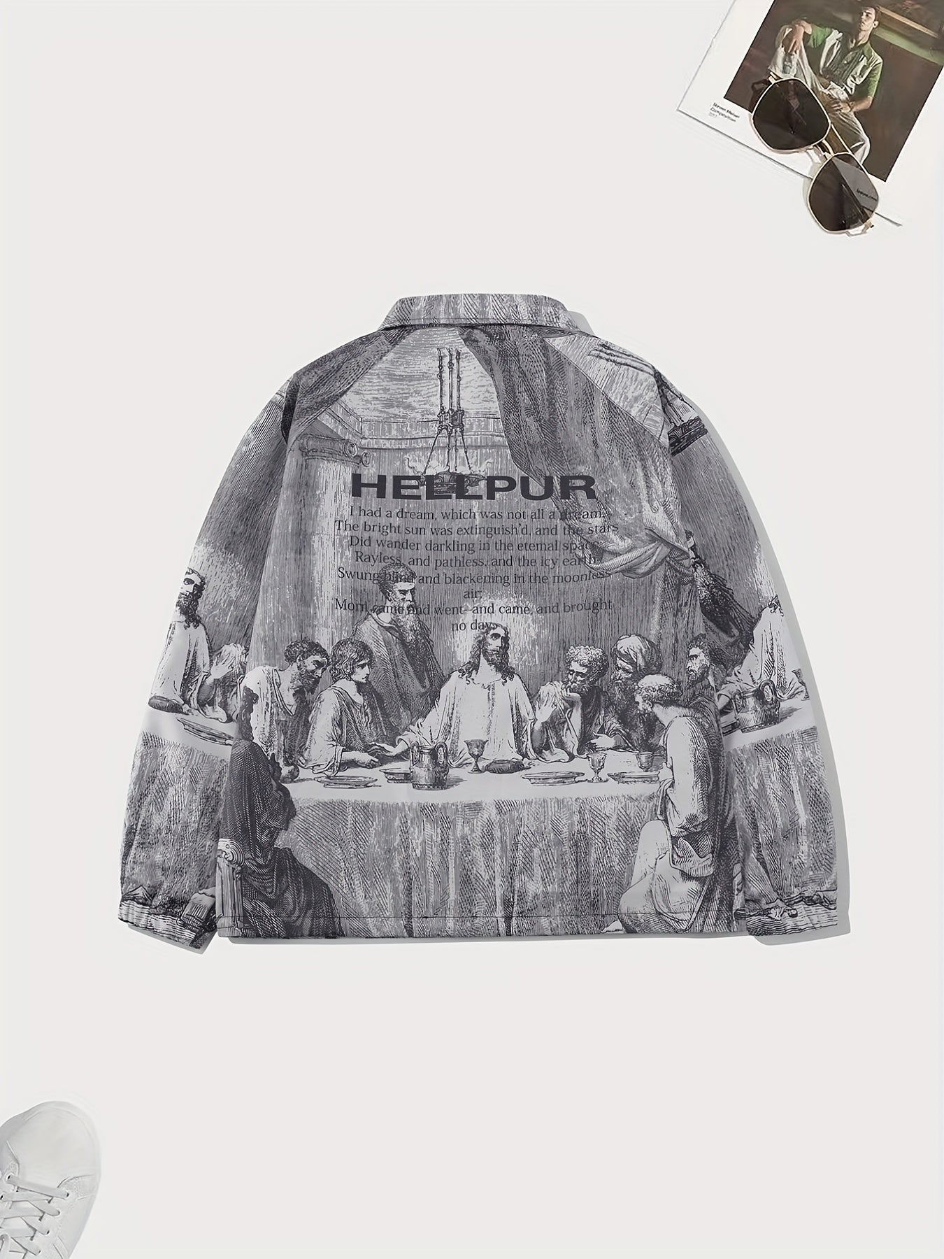 gbolsos The Last Supper Print Retro Vintage Jacket, Men's Casual Zip Up Jacket Coat College Hipster Windbreaker For Spring Fall