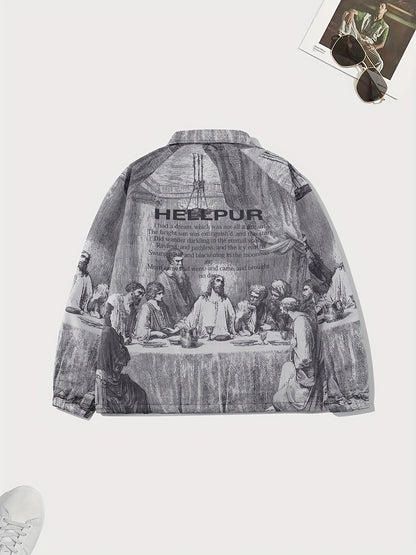 gbolsos The Last Supper Print Retro Vintage Jacket, Men's Casual Zip Up Jacket Coat College Hipster Windbreaker For Spring Fall