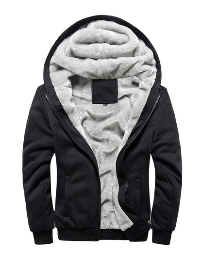 Warm Fleece Hooded Winter Hooded Jacket, Men's Casual Stretch Zip Up Jacket Coat For Fall Winter