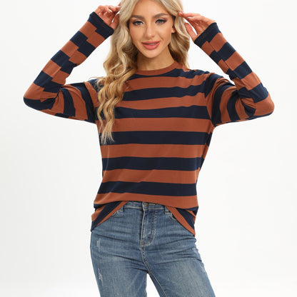 kkboxly  Casual Striped Long Sleeve T-Shirts, Striped T Shirts Crew Neck Tops, Women's Clothing