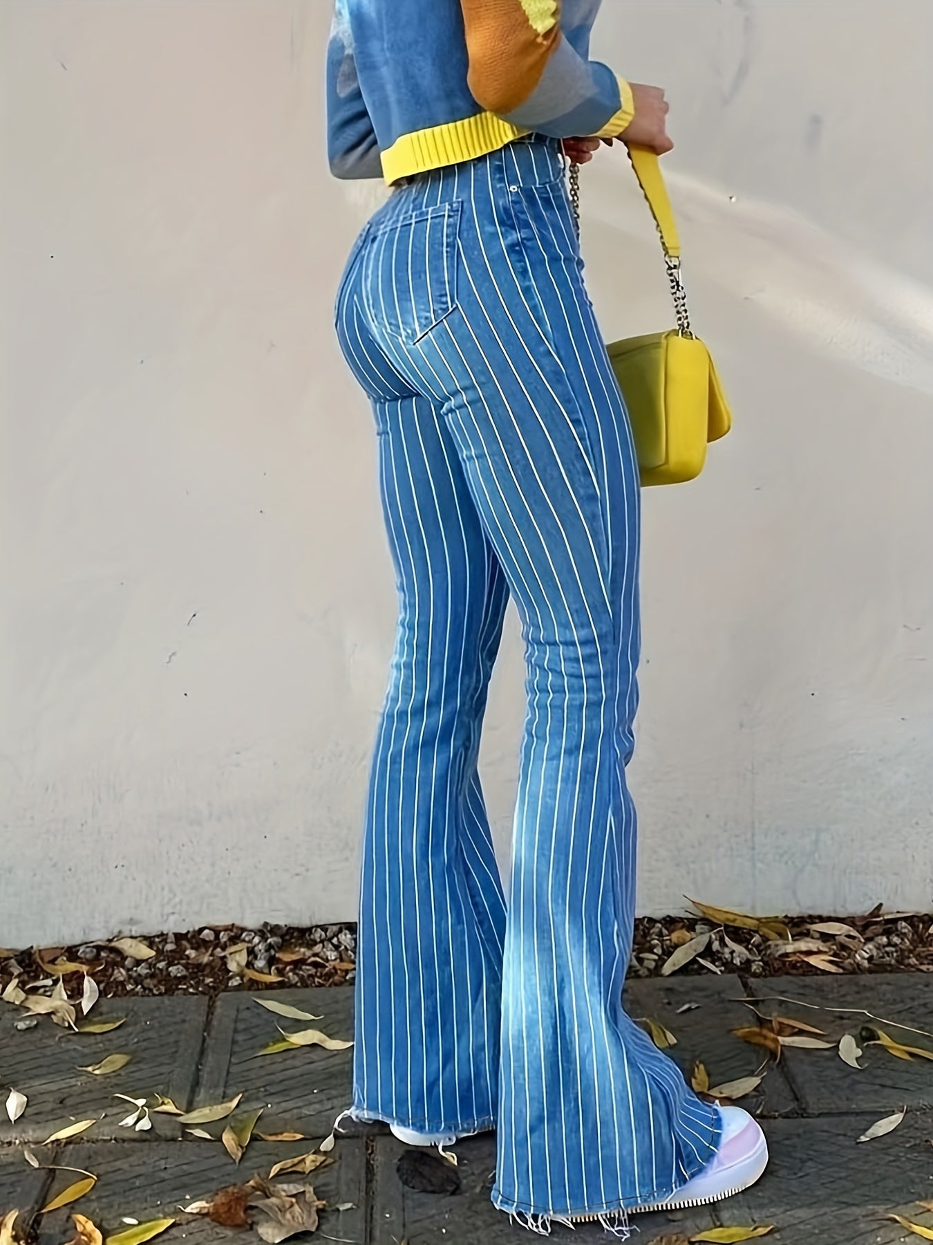 gbolsos Strip Print Raw Hem Flare Leg Jeand, High Rise Vintage Retro Y2K High Strech Bell Bottom Denim Pants, Women's Denim Jeans & Clothing