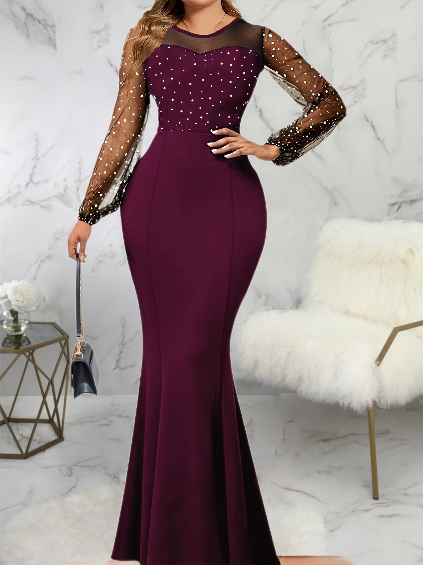 gbolsos  Solid Sheer Sleeve Dress, Elegant Crew Neck Mermaid Bodycon Maxi Party Dress, Women's Clothing