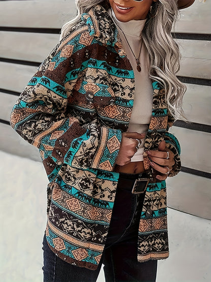 gbolsos  Ethnic Geo Print Button Down Jacket, Casual Long Sleeve Drop Shoulder Outwear, Women's Clothing